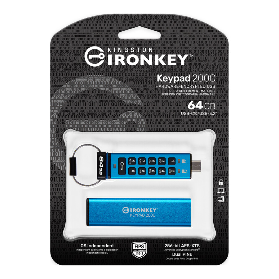 unidad flash usb kingston ironkey keypad serie 200 - capacidad = 128 gb conector = usb-c